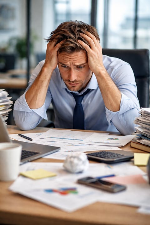 Stressed businessman at desk holding his head with both hands, surrounded by paperwork and office supplies in a modern office.