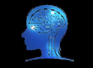 Blue silhouette of human head profile with circuit board pattern inside representing artificial intelligence and technology