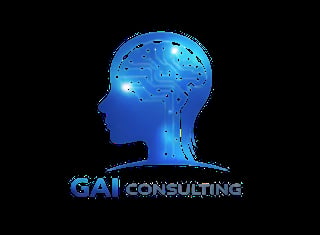 Blue silhouette of a human head with circuit board patterns and glowing dots, labeled GAI Consulting