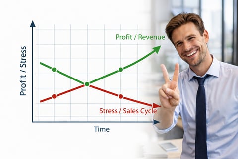 Businessman pointing at chart showing profit/revenue increasing and stress/sales cycle decreasing over time