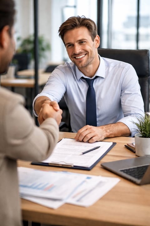 Two professionals shaking hands across a wooden desk during a business meeting in a modern office.