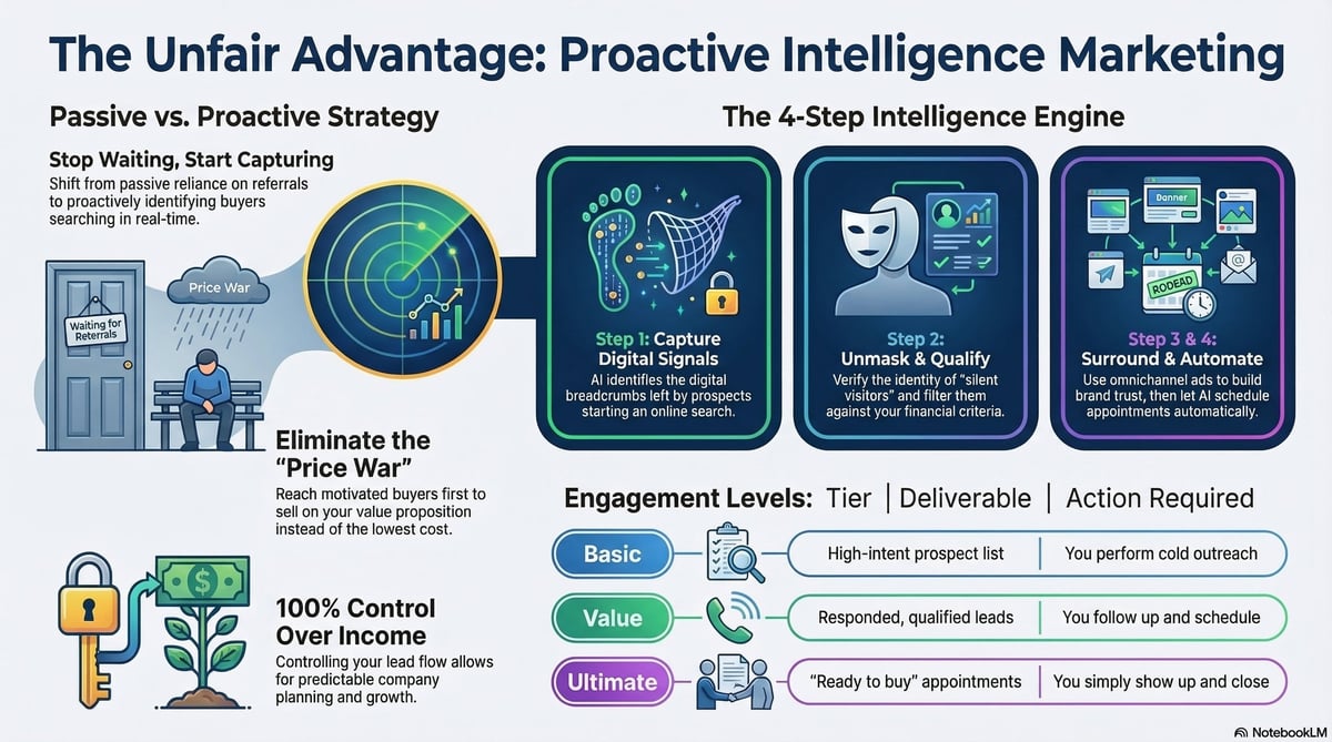 Infographic comparing passive vs proactive marketing strategy and showing a 4-step intelligence engine for customer engagement levels